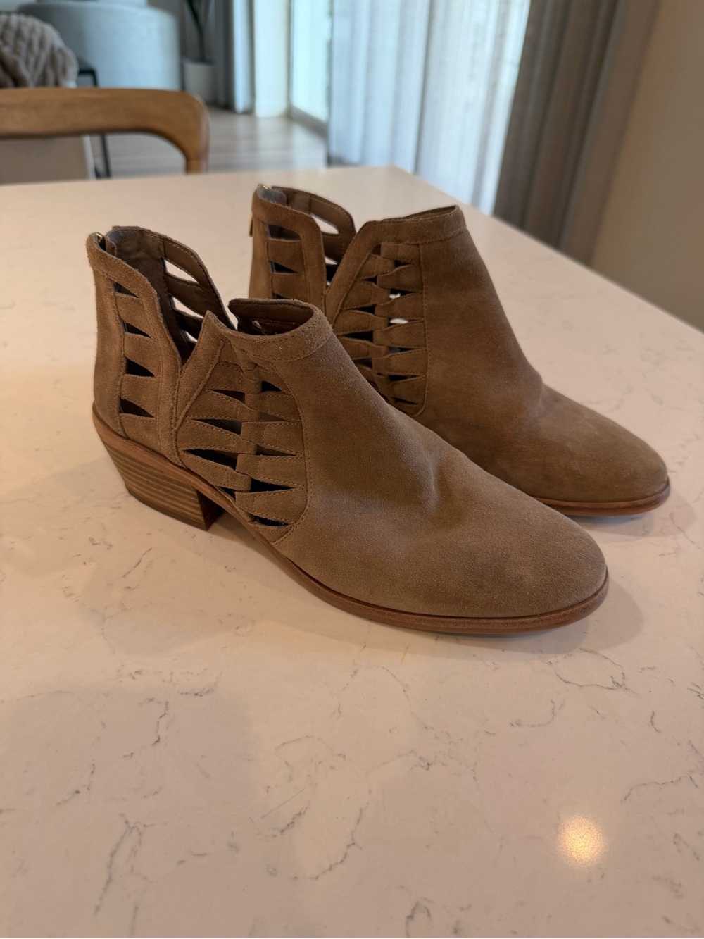 Vince Camuto Taupe Cutout Suede Ankle Booties